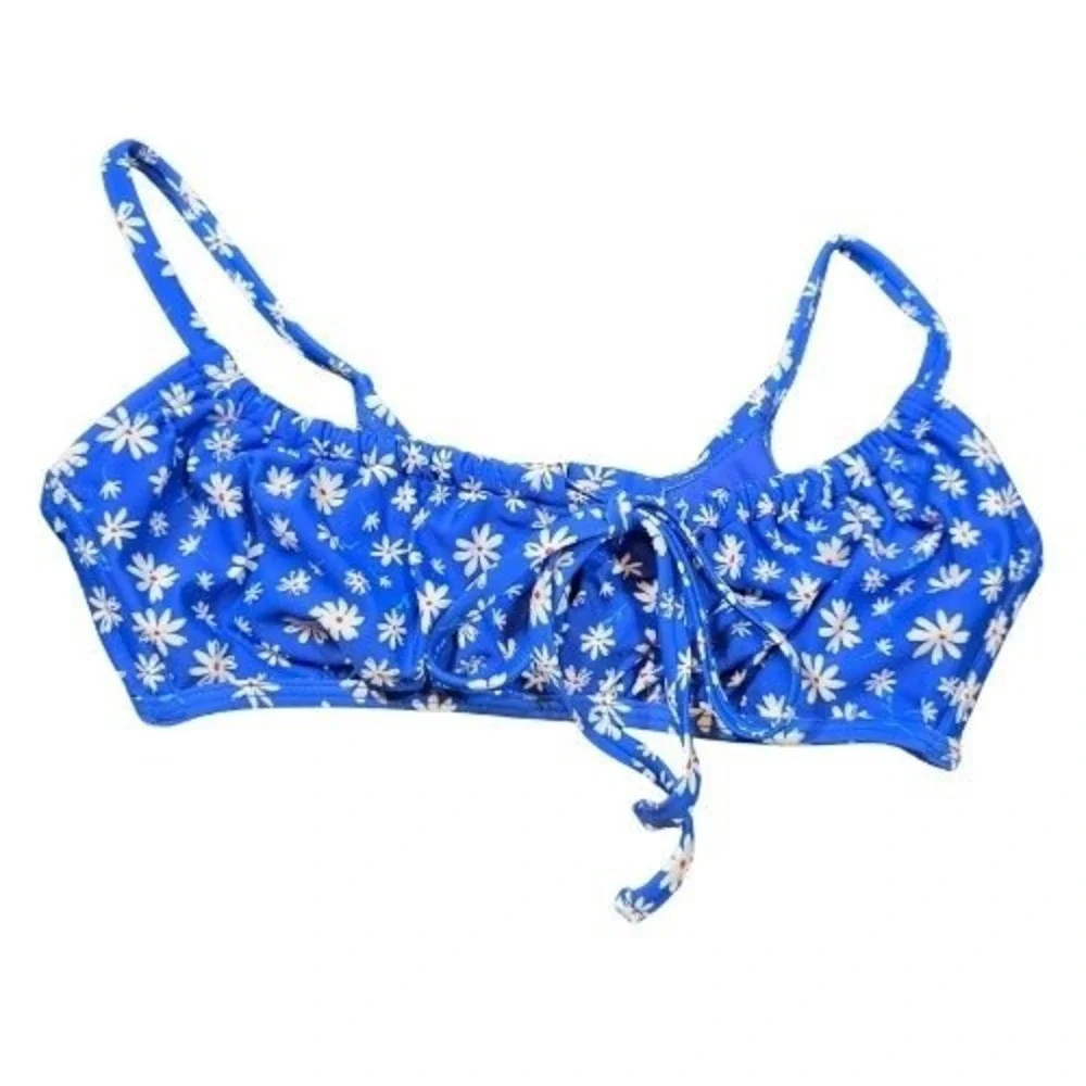 Blue Daisy M Floral Print Bikini‎ Top Ruched Front Tie Bralette Swimwear Womens
